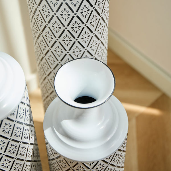 English Elm Floor Metal Vases Set of 3 White & Black Glazed Metal Cylinder Vases Tall Textured Gold Accent Decor W2796P278066