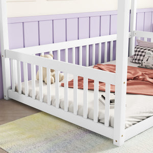 English Elm Full Full Size Canopy Frame Rubber Wood Floor Bed with Fence Guardrails White – Imaginative Kids Retreat, 400 lb Capacity, Malaysian Craftsmanship W504P364861