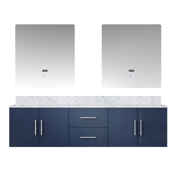 English Elm Navy Double Bath Vanity 72” W, Carrara Marble Top & 30” Led Mirrors - Stylish Storage Solution! B2731S00831