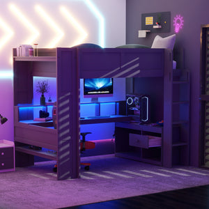 English Elm Wood Full Size Gaming Loft Bed with Desk, LED Lights, USB Charging Ports & Multi Storage Dark Gray SM000374AAE