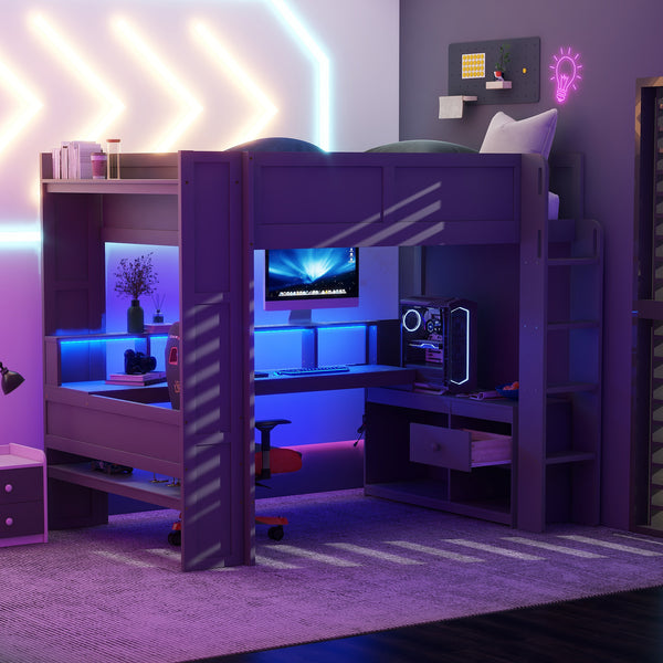 English Elm Wood Full Size Gaming Loft Bed with Desk, LED Lights, USB Charging Ports & Multi Storage Dark Gray SM000374AAE