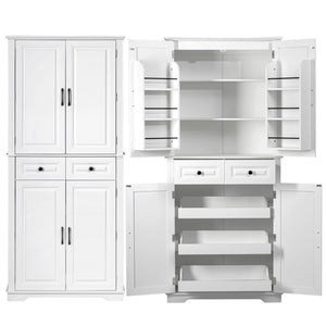 English Elm K&K 71" Tall Farmhouse Pantry Cabinet with Groove Edges, 3 Pull-Out Organizers, 6 Door Shelves White N707P256507W
