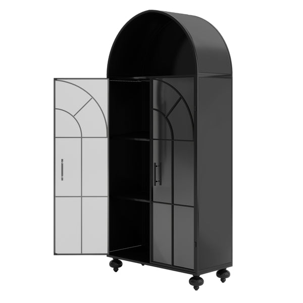 English Elm Modern Arched Storage Cabinet Antique Black Steel & Tempered Glass Doors Industrial Farmhouse Display W3122P272652