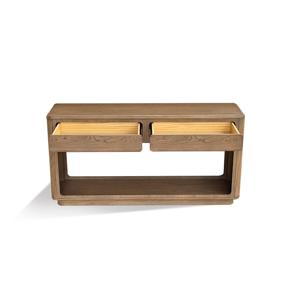 JLA Home Chapel Hill - Console Chapel Hill Emil Driftwood Oak Console Table with 2 Drawers, Open Shelf, Sealed Top, Modern Appeal CH125-0082