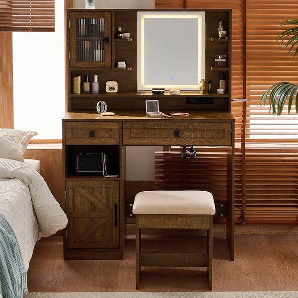 English Elm Farmhouse Makeup Vanity Desk with Lighted Mirror, Built-In Charging Station, Ample Storage and Stool Rustic Brown N844P291652W