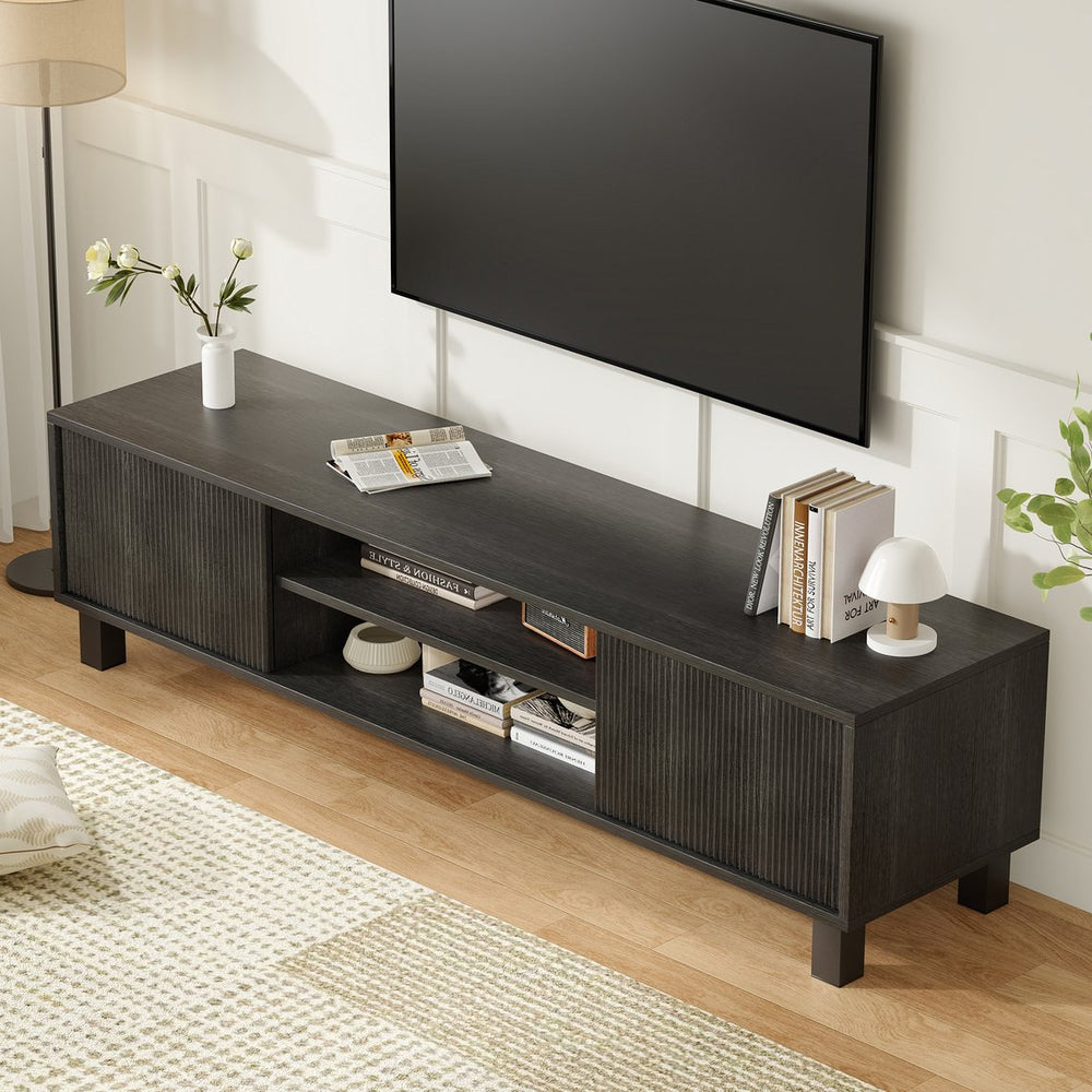 English Elm Modern Low Profile Media Console with Open Shelving and Concealed Cabinet Storage Black T3623P435424