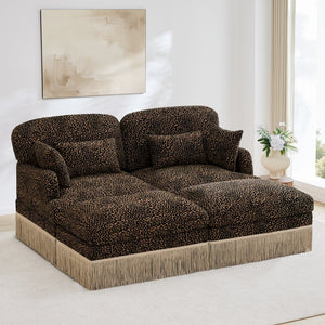 English Elm Comfy Chenille Leopard Print Loveseat with Tassel Trim and Movable Ottoman Modules Brown W5656S00012