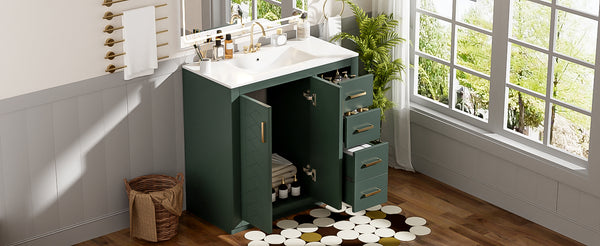 English Elm 36'' Bathroom Vanity with Ceramic Sink Combo Solid Wood Frame Soft-Closing Drawers Ample Storage Elegance Green N710P243327F