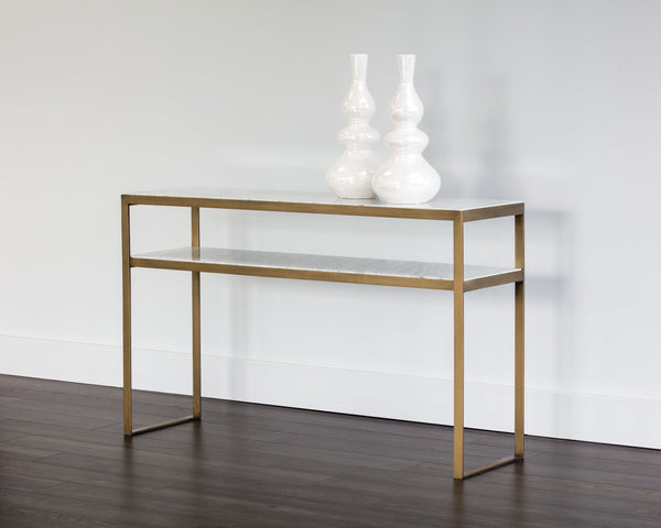 Sunpan Evert Modern Marble Console Table with Antique Brass Frame – Unique Italian Design for Elegance