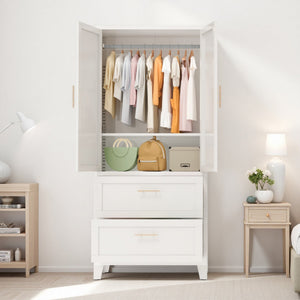 English Elm 71" Tall Metal Wardrobe Cabinet with 2 Drawers, Adjustable Shelf & Hanging Rod — Space-Saving White Closet Organizer W3387P351602