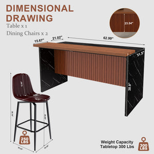 English Elm 63-Inch Modern Kitchen Island Set With 2 Bar Stools - Black Marble Surface, Led Light & Grill Design W2699S00063