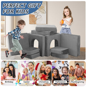 English Elm 12 Piece Modular Foam Play Couch Set Velvet Convertible Sofa Fort for Kids Playroom Dark Gray T5880P493404