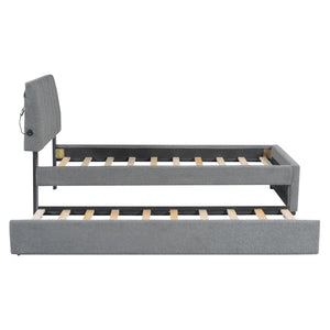English Elm Teddy Twin Upholstered Platform Bed with Trundle, LED Smart Lighting, Plush Fleece, Sturdy Design Gray SF000055AAE