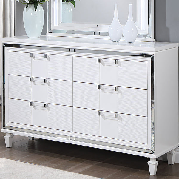 English Elm Genoa Six Drawer Dresser Art Deco Glam White Lacquer with Mirror Trim Accents B078P497937