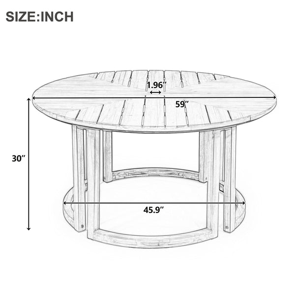 English Elm Trexm Round Acacia Outdoor Dining Table Seats Six with Umbrella Hole Slatted Top Light Teak N715P404283D
