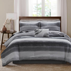 JLA Home Madison Park Essentials - 7 Piece Comforter Set Madison Park Essentials Saben — Watercolor Microfiber Comforter, Cotton Sheets, Antimicrobial OEKO-TEX Finish Black MPE10-1196