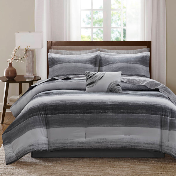 JLA Home Madison Park Essentials - 9 Plush Comforter Set with Watercolor Stripes, Textured Cotton Sheets, Anti-Microbial OEKO-TEX Quality Black MPE10-1198