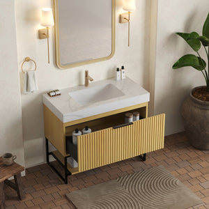 English Elm YOLAN 36" Bathroom Vanity with Integrated Solid Surface Basin, Pre-Assembled Plywood Cabinet, Soft-Close Drawer and Open Towel Shelf Black,Carrara White,Golden Oak,White W2615S00363
