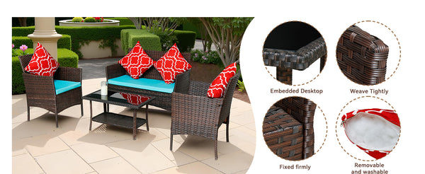 English Elm Four-Piece Outdoor Rattan Sofa Set With Emerald Green Cushions & Stylish Glass Table For Patios W3152P269438