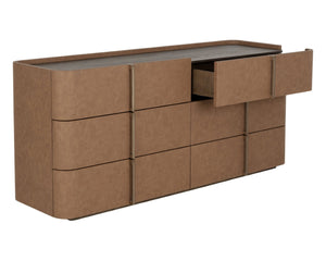 Sunpan JAMILLE Dresser - Contemporary Cream Faux Leather & Oak Veneer Storage with Six Spacious Drawers 112261