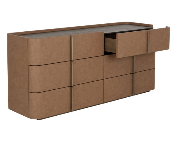 Sunpan JAMILLE Dresser - Contemporary Cream Faux Leather & Oak Veneer Storage with Six Spacious Drawers 112261