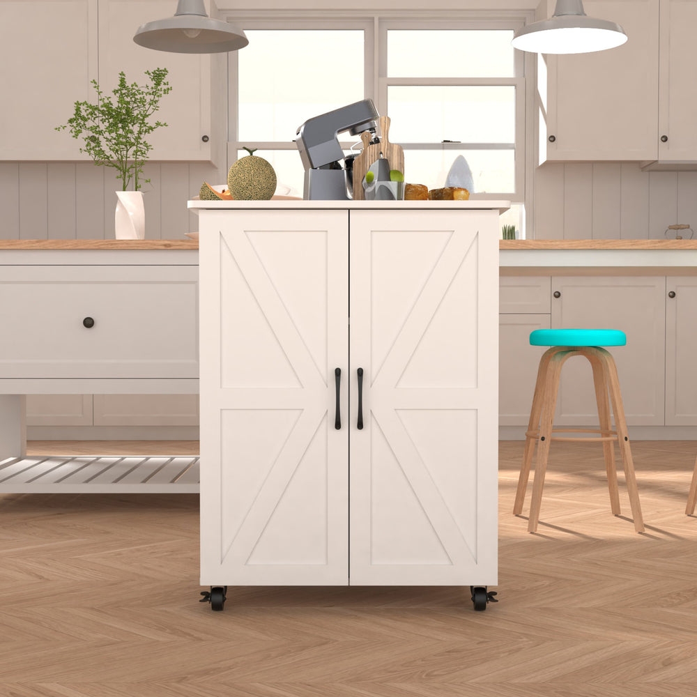 English Elm Kitchen Island With Storage On Wheels - Versatile Mobile Cart For Crafts, Coffee, And Dining Spaces W3062P289218