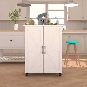 English Elm Kitchen Island With Storage On Wheels - Versatile Mobile Cart For Crafts, Coffee, And Dining Spaces W3062P289218