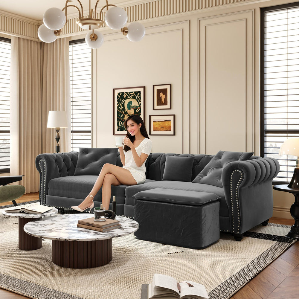 English Elm Chesterfield 3-In-1 Convertible Sofa Bed, Grey Velvet Tufted Sleeper With Ottoman & Pillows, Luxurious Design W1885S00173