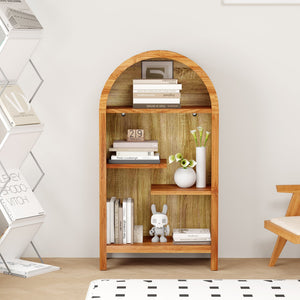 English Elm 4-tier Arched Freestanding Bookcase with Lattice Doors Open Display and Cabinet Storage W3123P485377