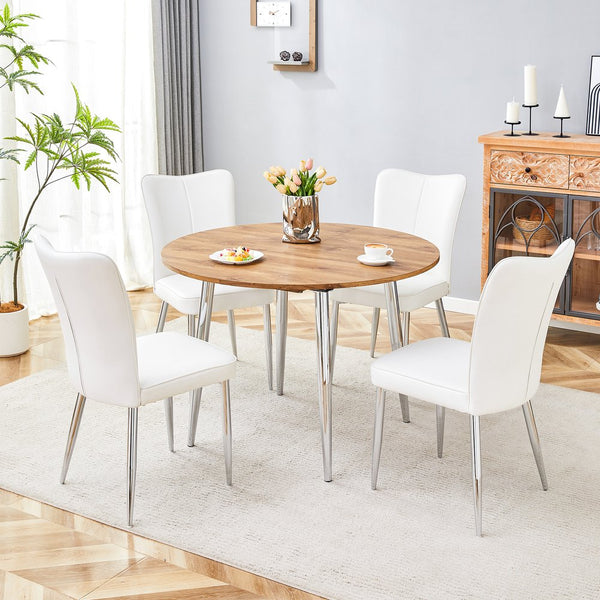 English Elm Table Set Extendable Round to Oval Wood Grain Top with Four White Pu Dining Chairs W1151S03962