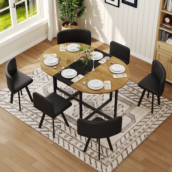 English Elm 7-piece Oval Dining Set with Pu Leather Chairs Modern Kitchen Table for Six Black,Wood W3875S00088