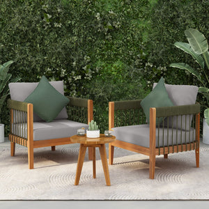 English Elm Christopher Knight Home® - 3 Pcs Set Acacia Wood Outdoor Club Chairs With Handwoven Rope & Water-Resistant Cushions For Boho Style N767P265743E002_63163.00