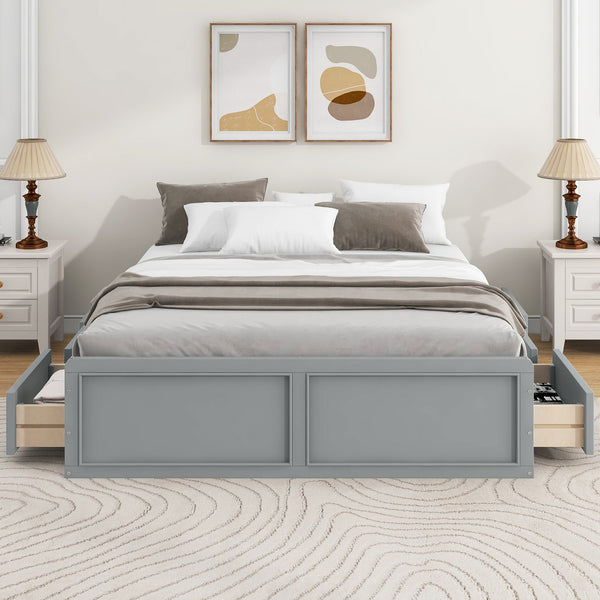 English Elm Wood Queen Platform Bed Solid Pine Frame Six Storage Drawers No Box Spring Needed Gray N709P241723E-1