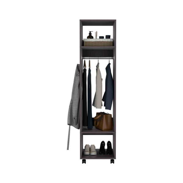 English Elm Cluster 63" Tall Wardrobe with Mirror, Casters, 3 Shelves & Hanging Rod — Space-Saving Black Organizer B070P210735