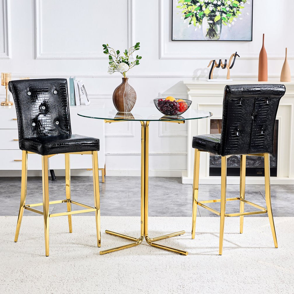 English Elm A Set of 2 Glam Faux Alligator Pvc Barstools with Crystal Buckle Detail Black W1512P491559