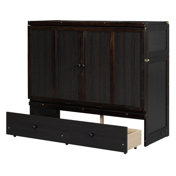 English Elm Full Size Wall Murphy Bed Cabinet with Storage Drawer and Built-in Usb Charging Espresso N708P205903P