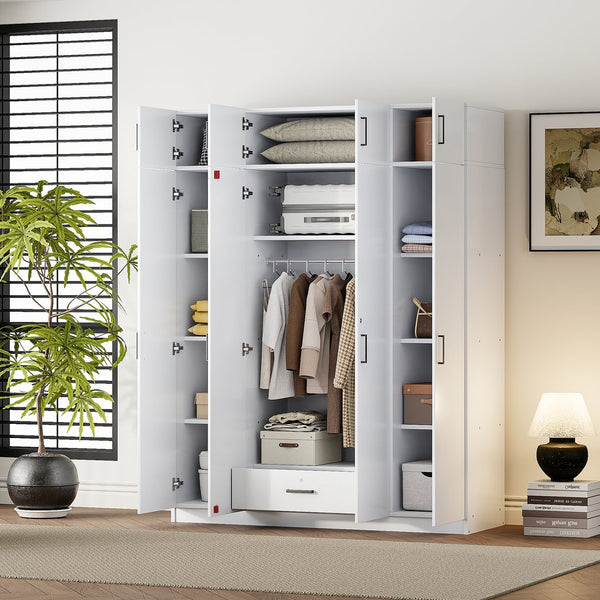 English Elm 4-door Wardrobe with Top Cabinet Locking Drawer Tall Bedroom Closet in White LP006006AAK