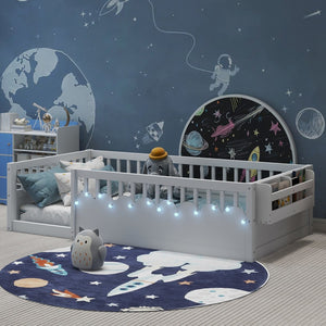 English Elm Twin Montessori Floor Bed Frame with High Rails and Built-In Light Shelf for Safe Independent Sleep White 79.13 L x 13 W x 6.3 H W2593P333565