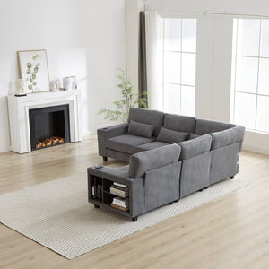 English Elm 102.75*102.75" L-Shaped Modular Sectional Sofa with Corduroy Upholstery, Storage Arm, Cup Holder, 5-Seat Convertible Lounge Grey W1926S00055