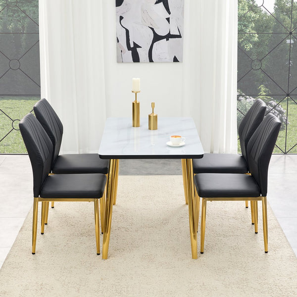 English Elm Table and Chair Set Marble Glass Top Gold Legs Modern 5 Piece Dining for Small Spaces Black,White+Gold W1151S04652
