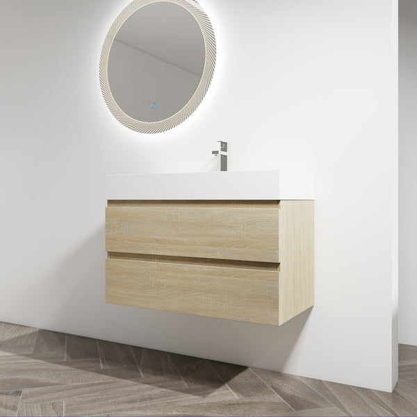 English Elm 36" Wall-Mounted Bathroom Vanity With Resin Sink & Soft-Close Drawers For Modern Spaces W999S00198