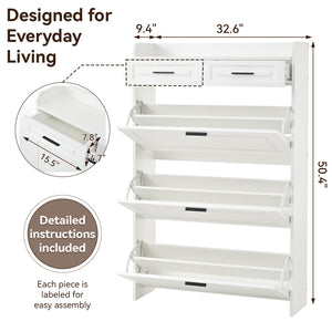 English Elm Two drawer three-fold shoe cabinet with ample vertical shelving, smooth finish, compact entryway storage White W3871P368975
