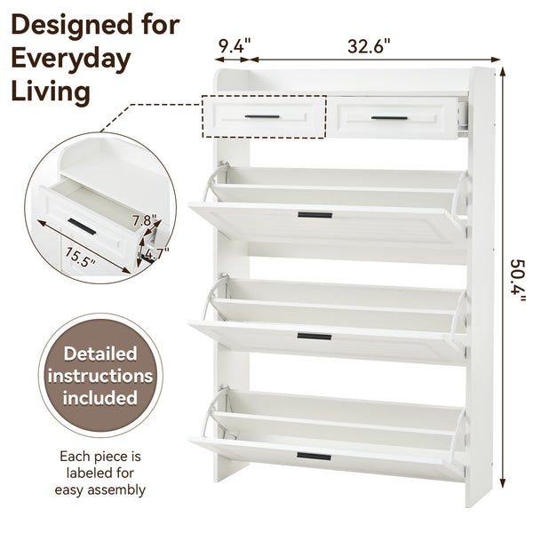 English Elm Two drawer three-fold shoe cabinet with ample vertical shelving, smooth finish, compact entryway storage White W3871P368975