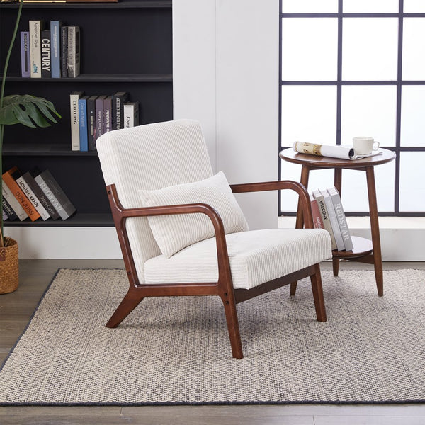 English Elm Mid-Century Beige Accent Chair Upholstered Armchair with Pillow, Solid Wood Frame, Ergonomic Comfort W2989P295373