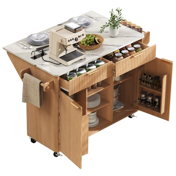 English Elm K&k Fluted Rolling Kitchen Island Faux Marble Top Power Outlet Drop Leaf Storage Natural N707S000019Y