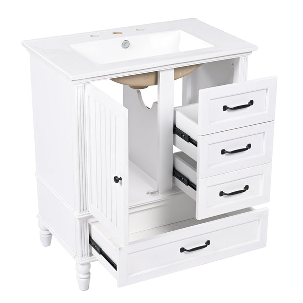 English Elm Christopher Knight Home® - 30" Bathroom Vanity with Ceramic Sink, Acacia & MDF Cabinet, Soft-Close Door & Drawers White N759P346895K
