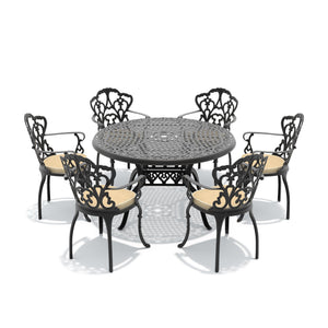 English Elm 7-piece Cast Aluminum Outdoor Dining Set Ornate Floral Carved Patio Furniture W1710S00555