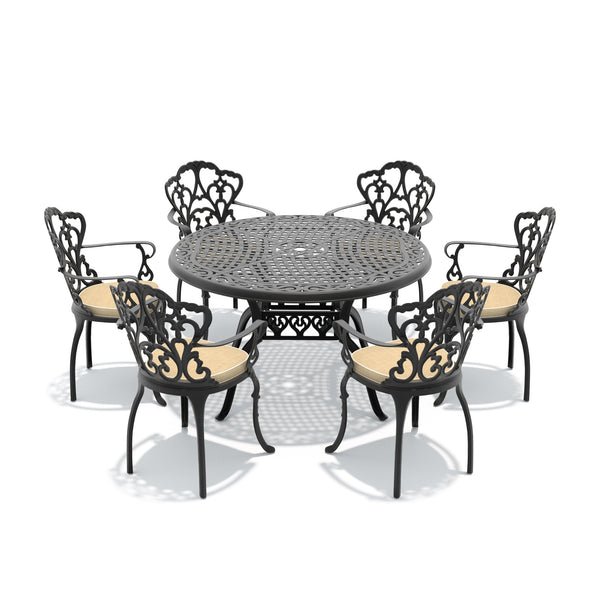 English Elm 7-piece Cast Aluminum Outdoor Dining Set Ornate Floral Carved Patio Furniture W1710S00555