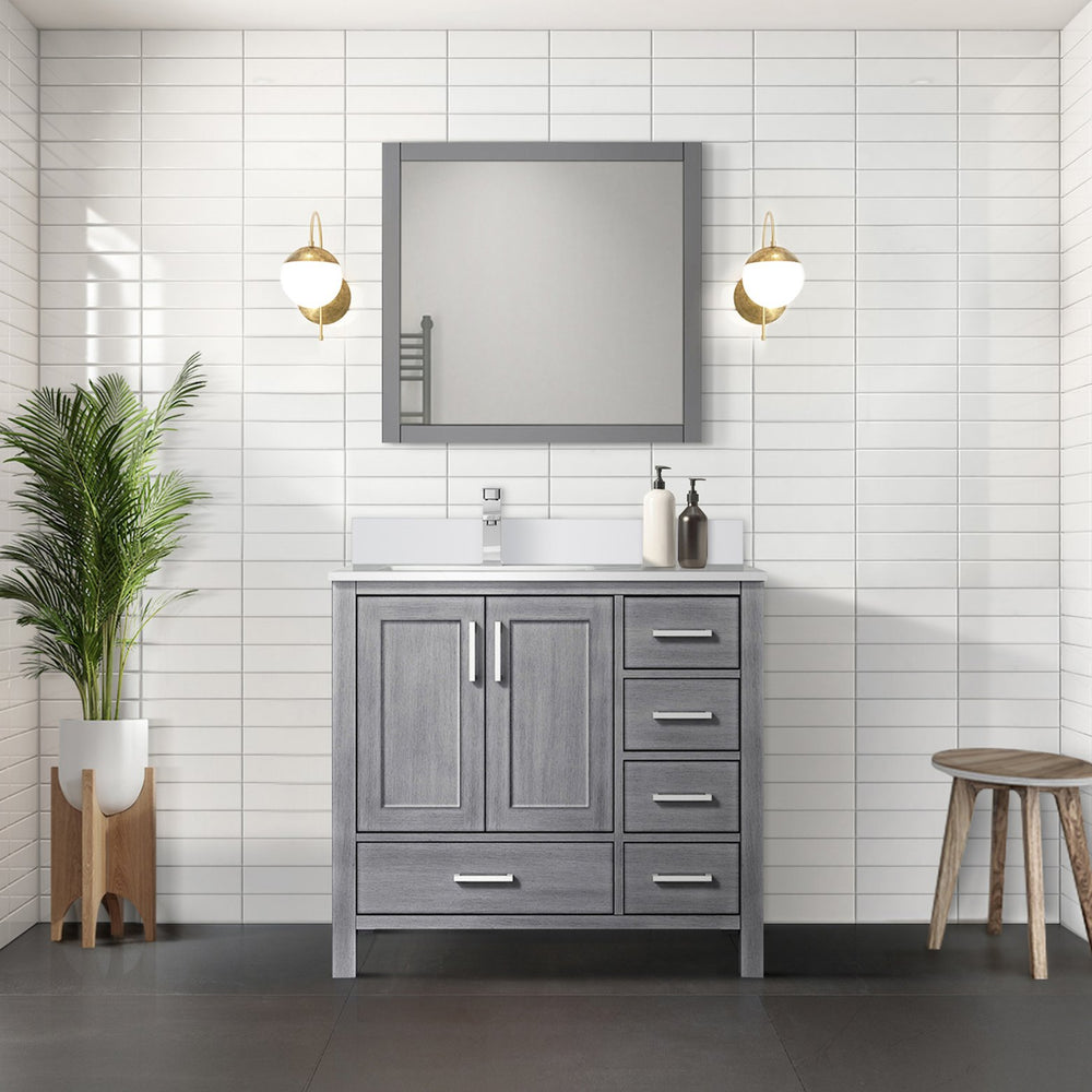 English Elm Distressed Grey Bath Vanity Set With Left Offset Quartz Top, Faucet & 34" Mirror For Elegant Update B2731S01266