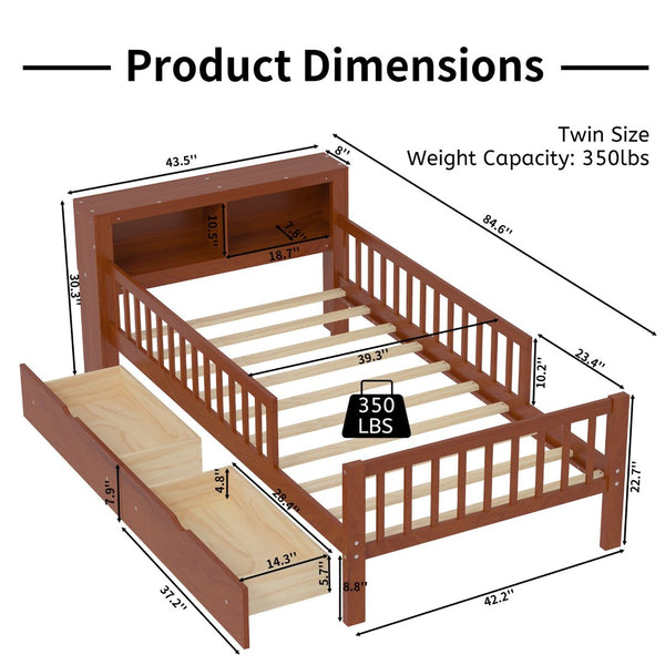 English Elm Twin Bed With Walnut Finish, Headboard Storage, Two Under-Bed Drawers & Safety Guardrails For Kids N733P272374D-GIGA